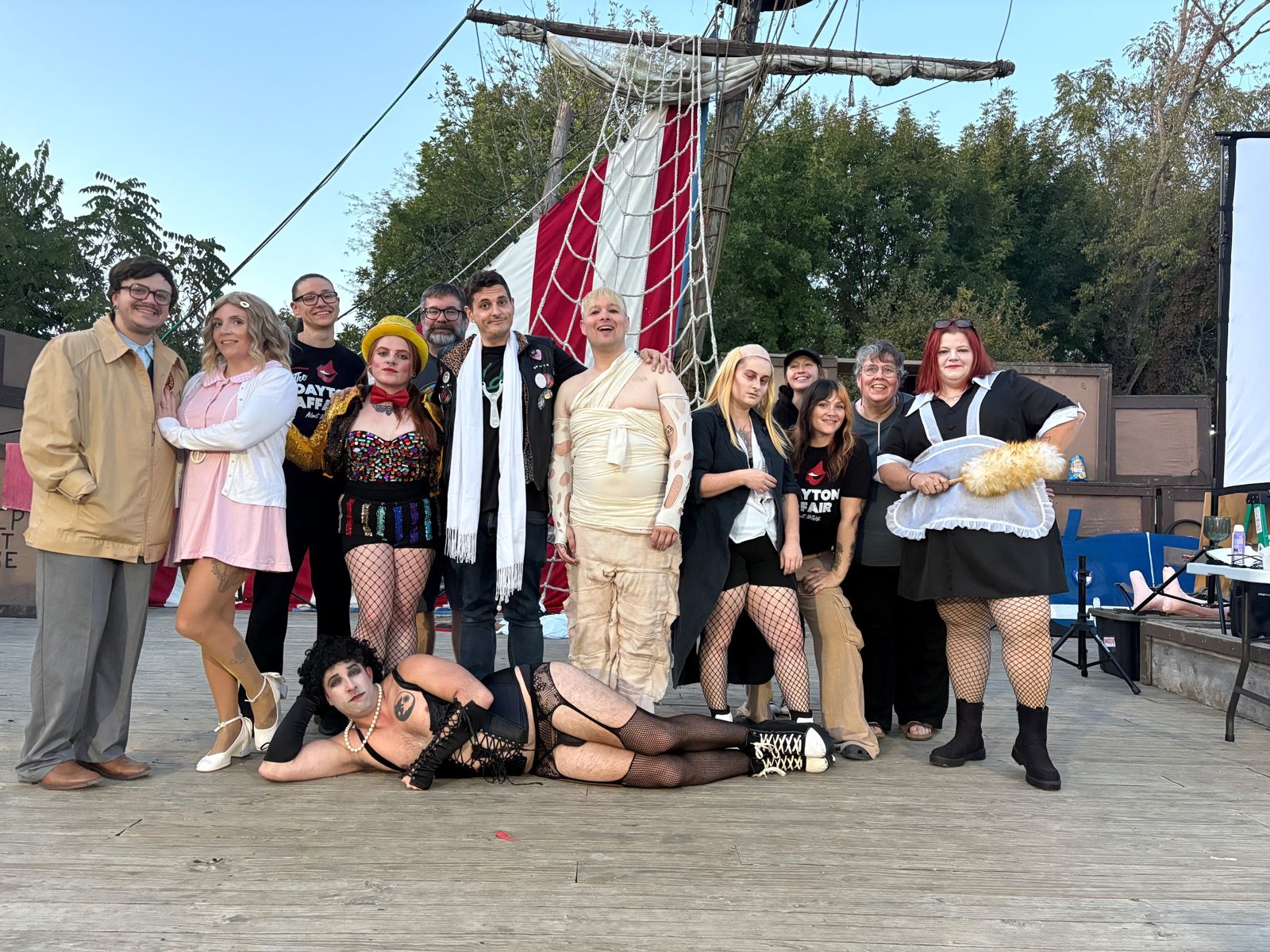 The full cast posed on the pirate-ship stage at the Ohio Renaissance Festival